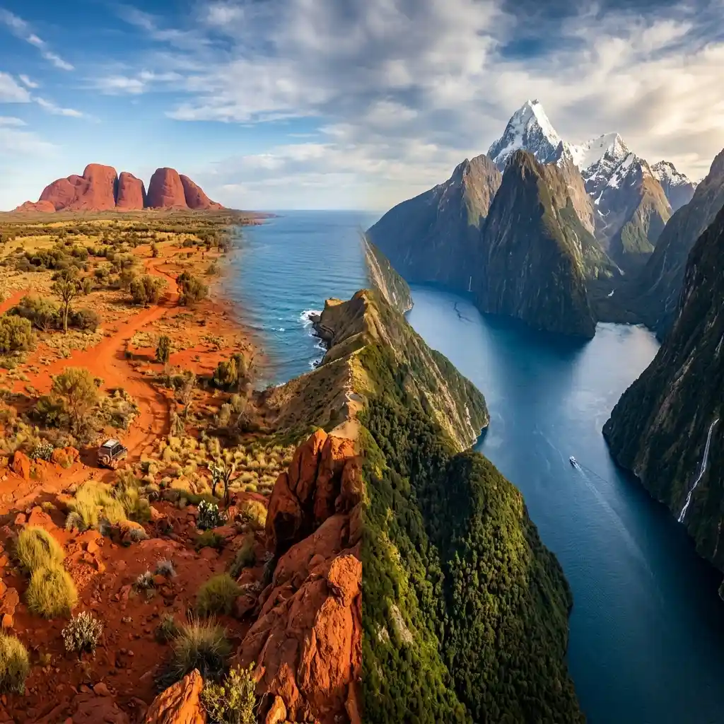 Australian outback merging with New Zealand fjords