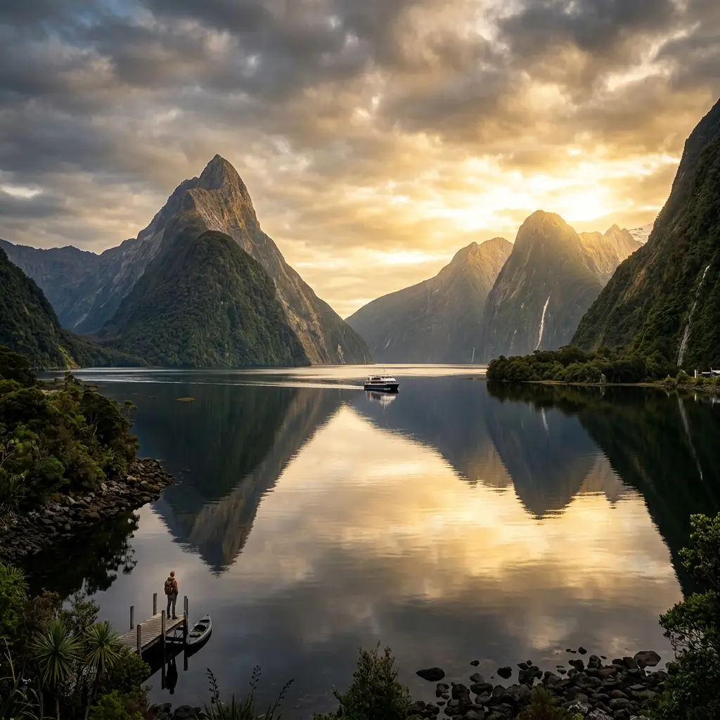 Milford Sound fjord at golden hour — New Zealand travel