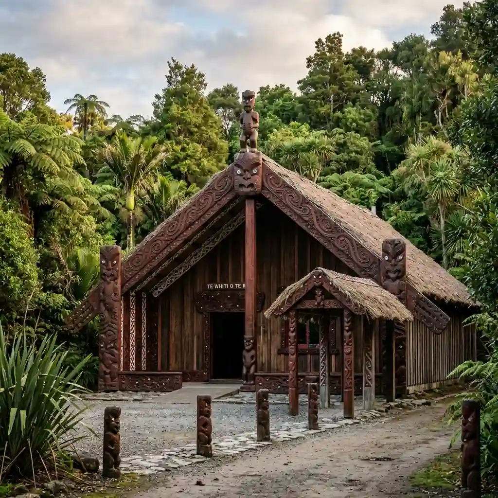 Traditional Maori meeting house with carved exterior
