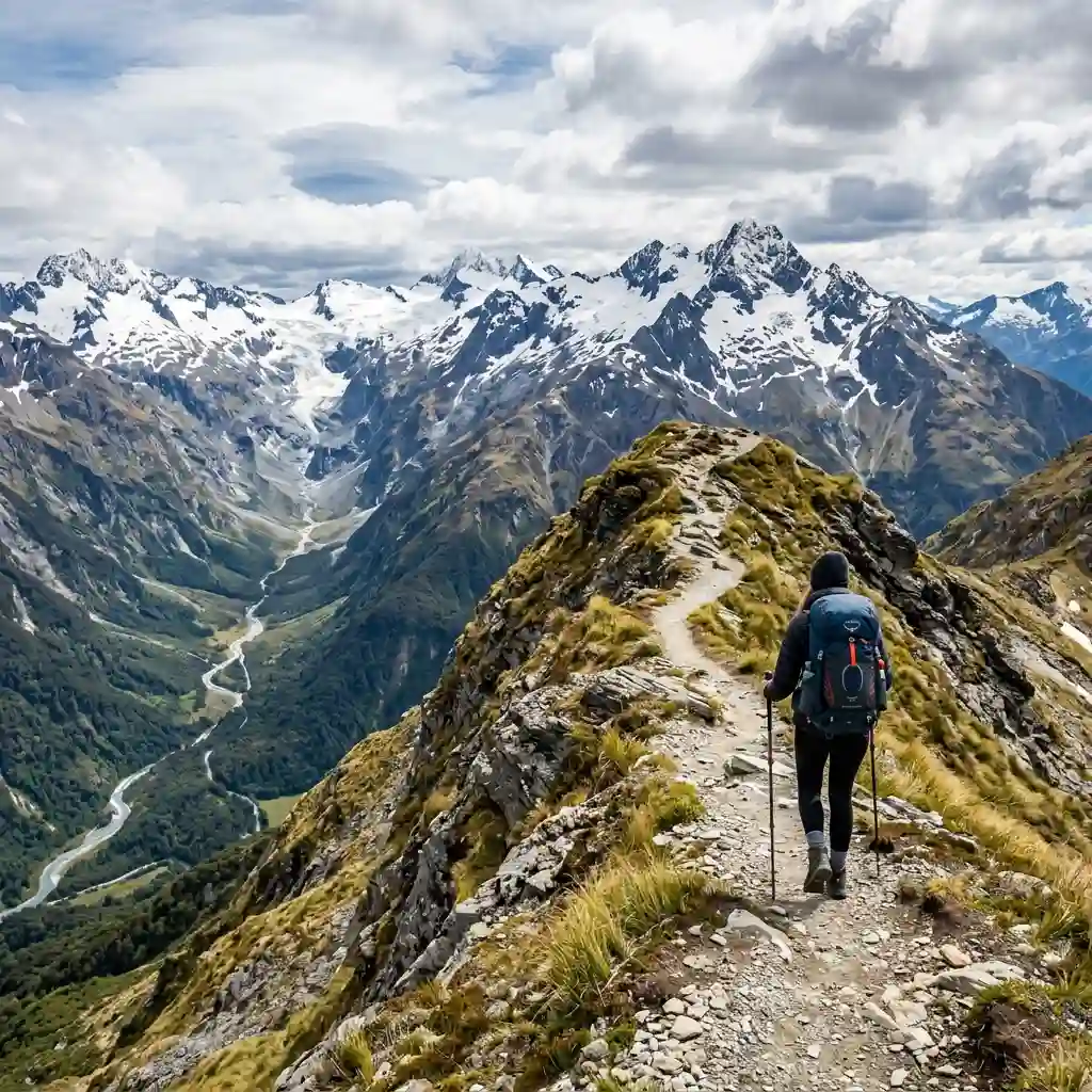 Hiker on alpine trail in New Zealand